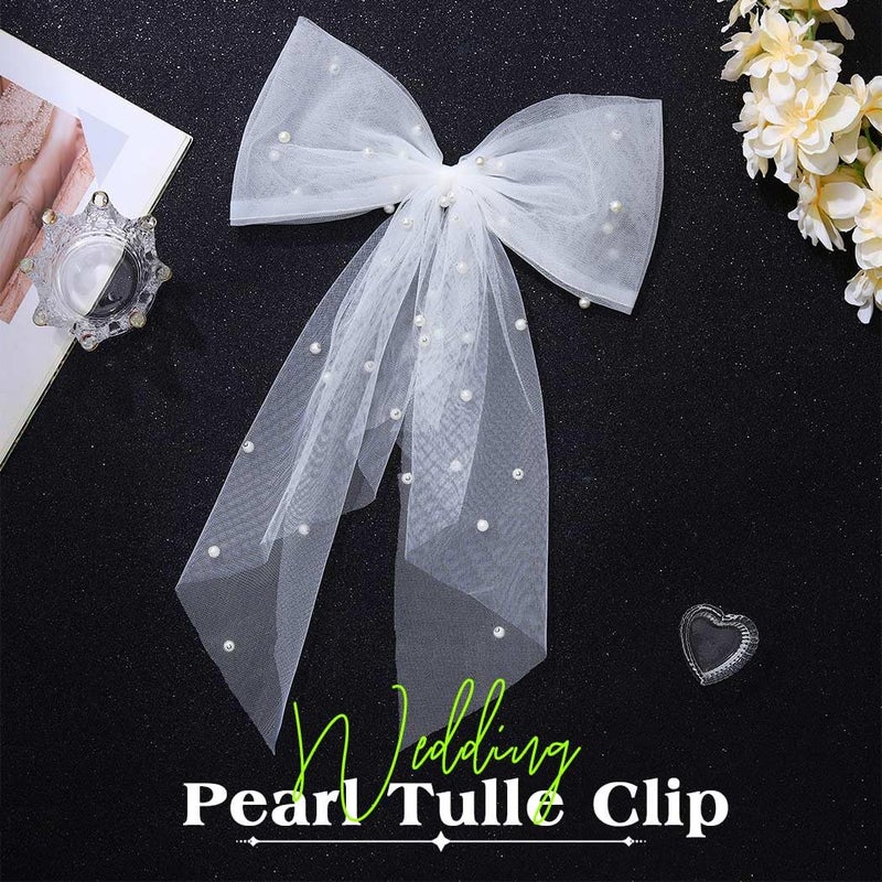 JONKY Bride Wedding Hair Bow Weil Bridal White Short Clip for Women (Style3) - Image 2